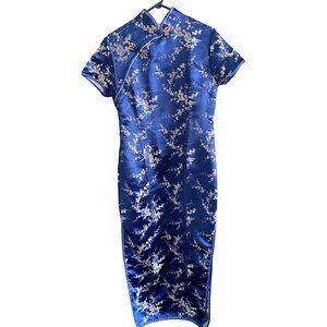 Vintage Chinese Silk Like long Cheongsam Dress Cherry Blossom blue